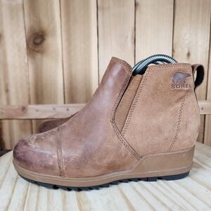 Sorel Evie II Wedge Chelsea Boots Womens 7 Brown Leather Ankle Slip On